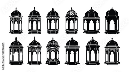 Black and white illustrations of islamic lanterns with intricate patterns and architectural designs for ramadan or eid celebrations