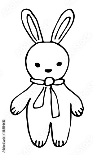 Simple hand-drawn vector drawing in black outline, sketch in ink. A little bunny toy, a rabbit with a scarf. Cute baby animals.