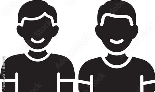 Two smiling men icons in silhouette, representing friendship, companionship, and connection on a white background.