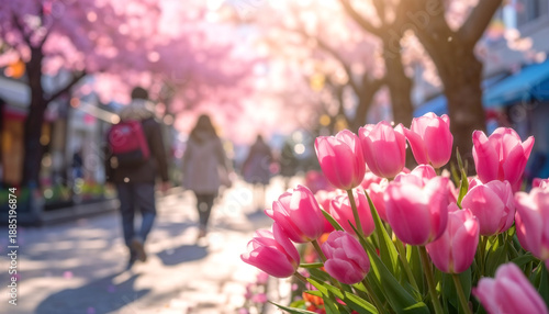 Pink tulips blooming on a spring street with blurred cherry blossom trees in the background