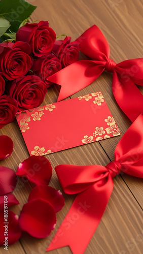 Wallpaper Mural A romantic arrangement of red roses and gift cards on a wooden table Torontodigital.ca