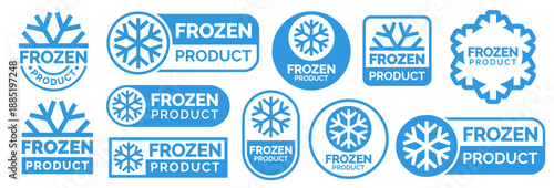 Frozen product food package label. Fresh frozen food product icon logo, badge, sticker, emblem, stamp, symbol, black, line circle, flat vector, isolated illustration. Snowflake icon.