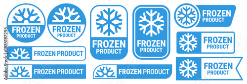 Frozen product food package label. Fresh frozen food product icon logo, badge, sticker, emblem, stamp, symbol, black, line circle, flat vector, isolated illustration. Snowflake icon.