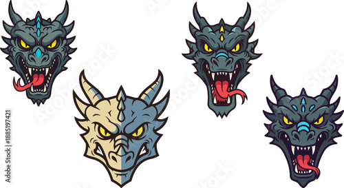 Collection of ferocious blue and gray dragon head illustrations showcasing menacing expressions and sharp teeth perfect for fantasy gaming assets or mascot designs