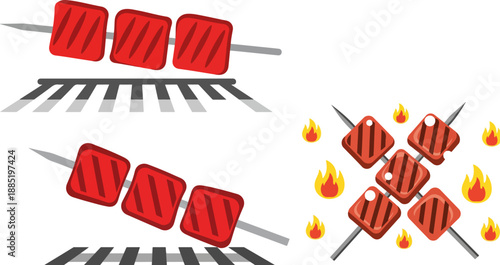 Illustrations depict various stages of cooking raw red meat cubes skewered on metal rods over hot grilling surfaces with flames indicating heat.
