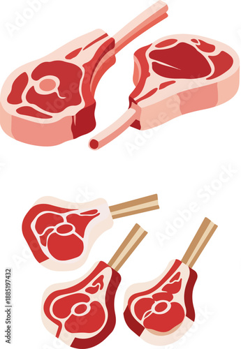 Illustration depicting several raw, freshly cut lamb chops featuring prominent bone handles ready for culinary preparation or grilling purposes.