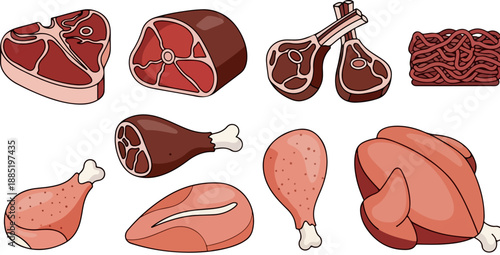 Assortment of raw meat cuts including beef steaks chops ground meat and various poultry pieces illustrating butcher shop offerings.