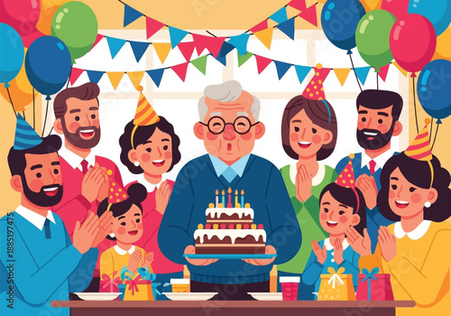 Happy grandfather celebrating birthday with big family vector illustration