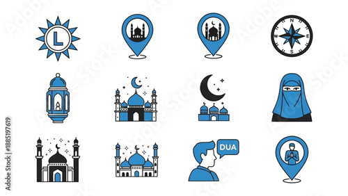 Set of islamic symbols and icons including mosque prayer crescent moon and compass designed in blue and white vector style for cultural and religious themes