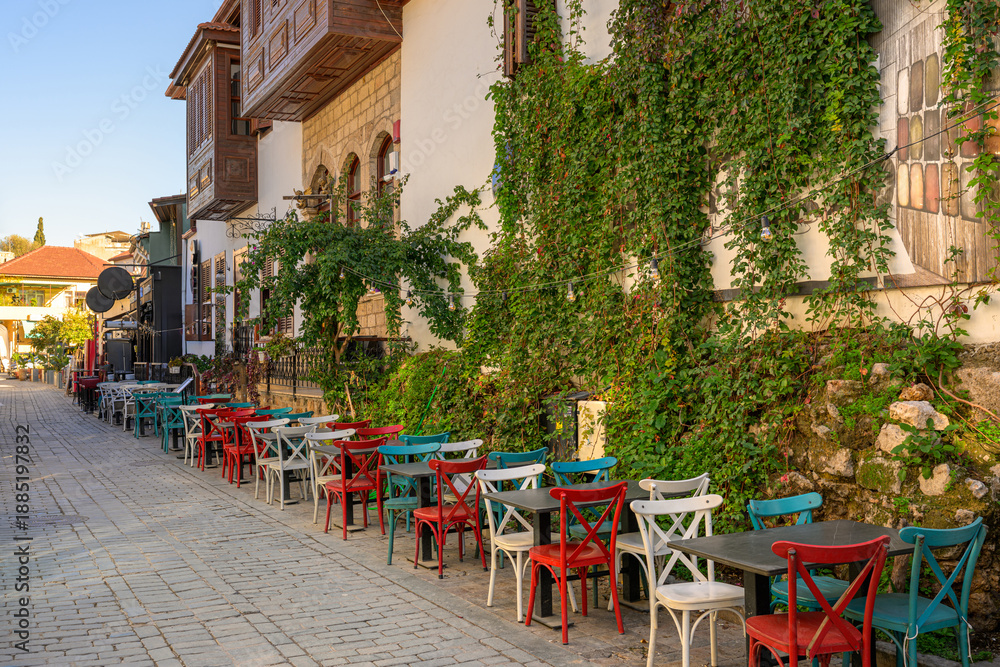 Fototapeta premium Old Ottoman houses in the narrow streets of Antalya Old Town Kaleici district