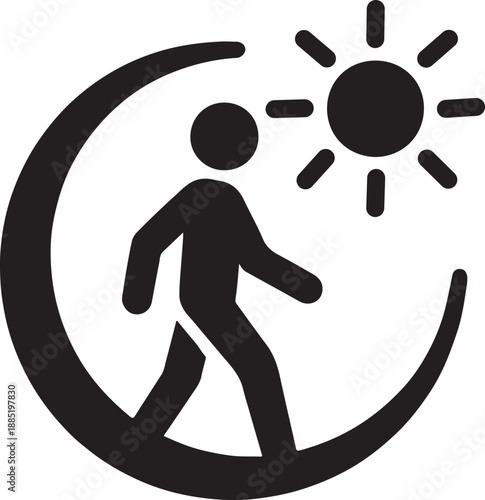 Person walking inside a circular shade zone while the sun stays outside, conceptual silhouette icon.