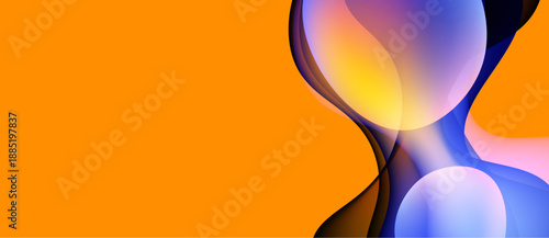 Abstract fluid shapes blend, vibrant orange background dominates. Colors shift, creating dynamic visual interest. Modern design element.