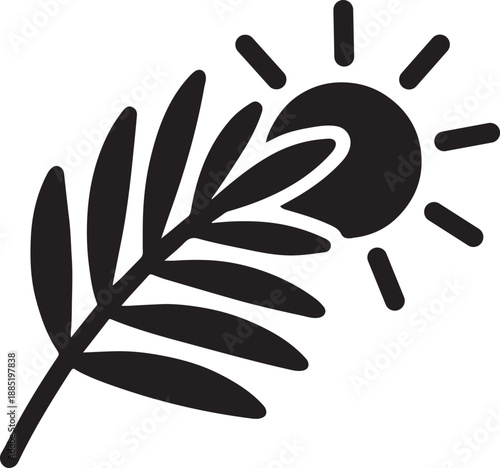 Palm leaf placed before the sun as a natural barrier, bold silhouette symbolizing organic protection.