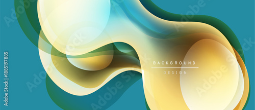 Abstract fluid shapes, golden hues blend with teal. Modern design evokes movement, energy, sophistication. Smooth gradients create visual interest.