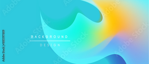 Abstract fluid shapes blend vibrant colors. Turquoise, yellow, blue create dynamic background design. Smooth gradients offer modern aesthetic.