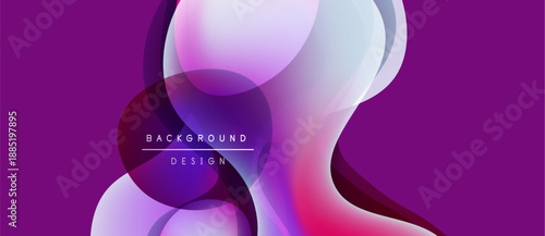Abstract shapes overlap, creating vibrant purple, blue hues. Modern design elements suggest fluidity, dynamism. Background features text labels.