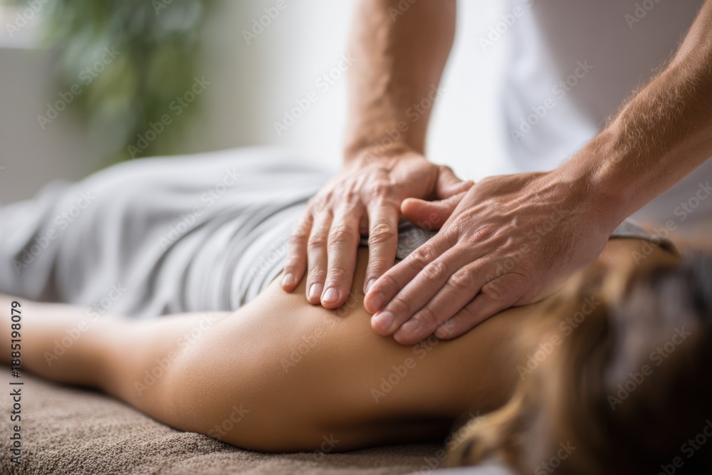 Fototapeta premium Patient lying prone on a treatment table receiving a massage from a skilled therapist in a calm setting