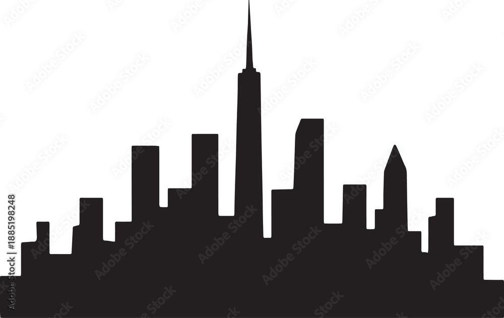 Obraz premium Silhouette of a city skyline with diverse building heights and a central spire—symbolizing urban identity, architectural variety, and metropolitan life in a minimalist black and white style.