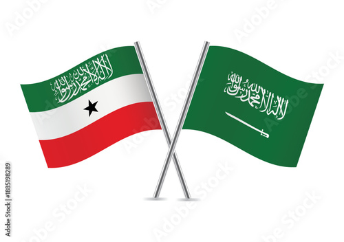 Somaliland and Saudi Arabia crossed flags on a white background. Vector illustration.