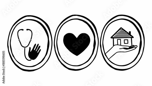 Simple black and white illustration of health, love, and home symbols in circular frames