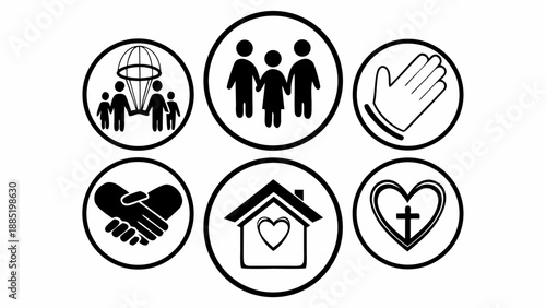 Collection of icons representing community, family, health, and charity in a simple, modern design style.