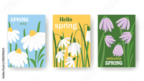 Hello Spring - set posters with first flowers. Vertical templates with welcome text and blooming wildflowers. Floral design for postcards, posters, covers, brochures, leaflets, flyers. Vector graphics