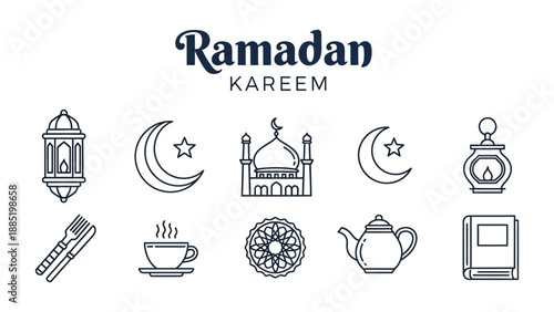 Minimalist ramadan kareem celebration icons featuring lantern moon mosque crescent teapot and quran for cultural festivity