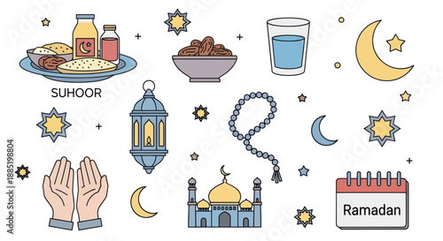 Ramadan Islamic Symbols and Food Items Collection.