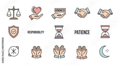 Set of Icons Representing Virtues and Concepts.