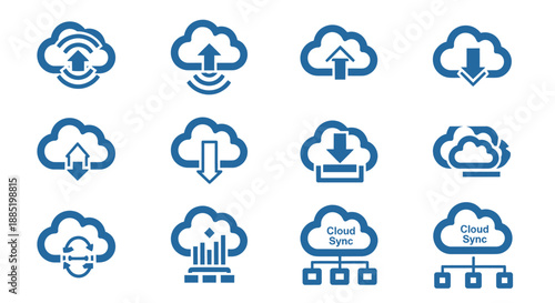 Set of Cloud Computing Icons Representing Data Transfer and Storage.