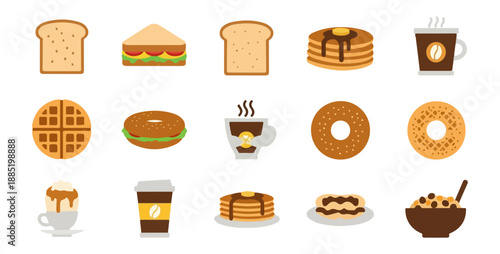 Breakfast food collection bread toast sandwich pancakes coffee waffle bagel