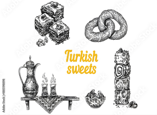 Turkish sweets vector illustration set