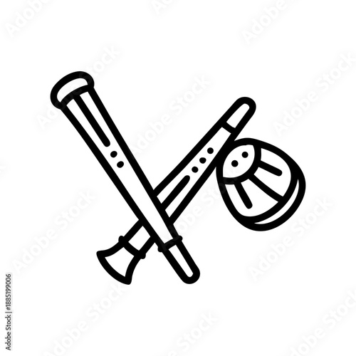 Doodle Illustration of Hurling: A black and white line art illustration depicts the essential equipment used in the traditional sport, capturing the dynamic essence of hurling.