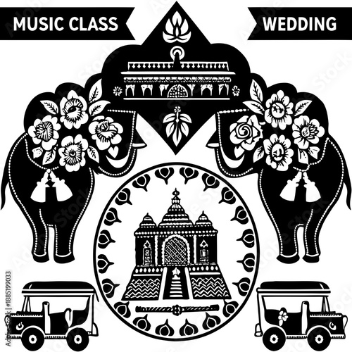Traditional Music Class and Wedding Icon: A detailed black and white graphic design that evokes a sense of celebration with elegant illustrations.