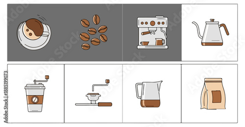 Coffee elements illustration beans machine cup grinder bag icons