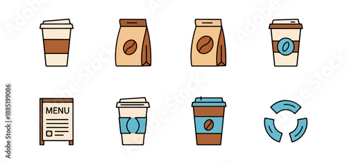 Coffee icons set cups bags menu and recycling symbol