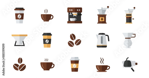 Coffee icons set cups beans and brewing equipment vector illustration