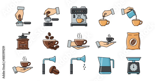Coffee making process illustrated icons set