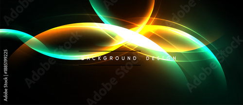 Abstract dynamic waves, vibrant colors blend. Bright light radiates from center, dark background creates contrast. Modern design element.