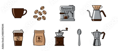 Coffee related illustrations with cup beans machine and accessories isolated on black background