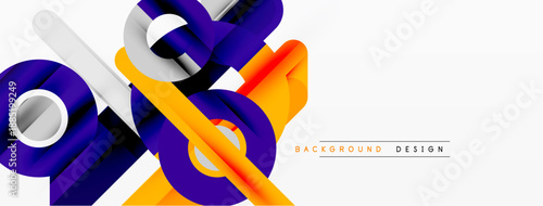 Abstract geometric shapes, vibrant colors, modern design. Orange, purple, white elements create dynamic composition. Minimalist style.