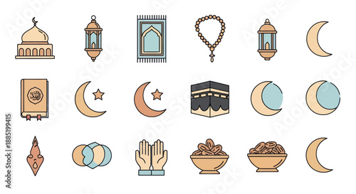 Islamic Icons Collection Featuring Religious Symbols and Objects.