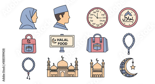 Islamic Icons Collection Featuring People Mosques Food and Symbols.