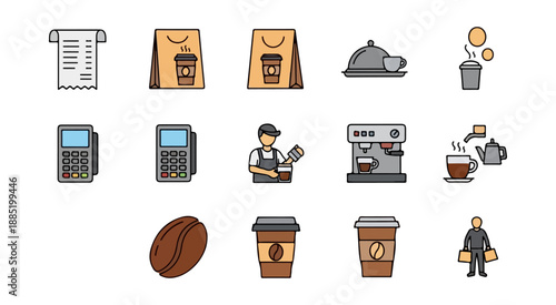 Coffee shop icons set beverages accessories and service illustrations