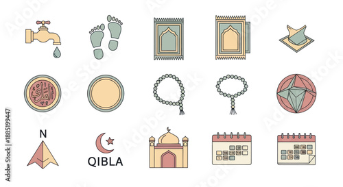 Islamic Icons Collection Representing Religious Practices and Symbols.