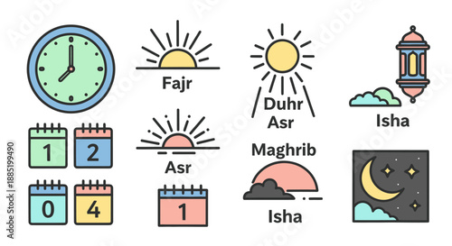 Islamic prayer times illustrated with icons and calendar dates.