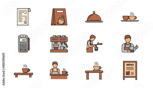 Coffee shop icons set illustrations drinks service barista menu