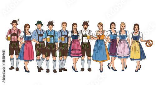 Group of people in traditional bavarian clothing dirndl and lederhosen on white background.