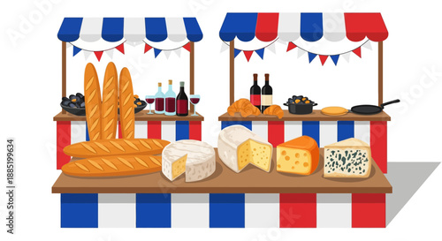 Market stall with baguettes cheese wine and bunting red white and blue.