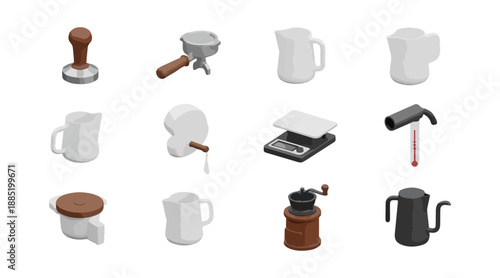 Isometric coffee equipment collection tools for brewing and preparation